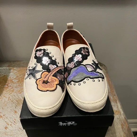 Coach Women’s Sz 11 White Leather Slip On Sneakers Star Embellishment Sequin - Picture 9 of 12